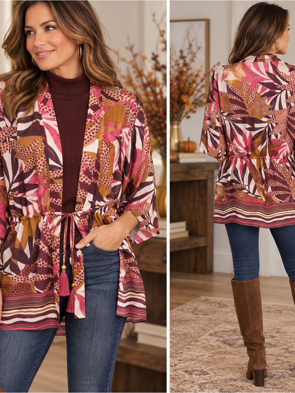 DR2 Women’s Size L/XL Boho Tropical Print Kimono Cardigan Drawstring Tassel